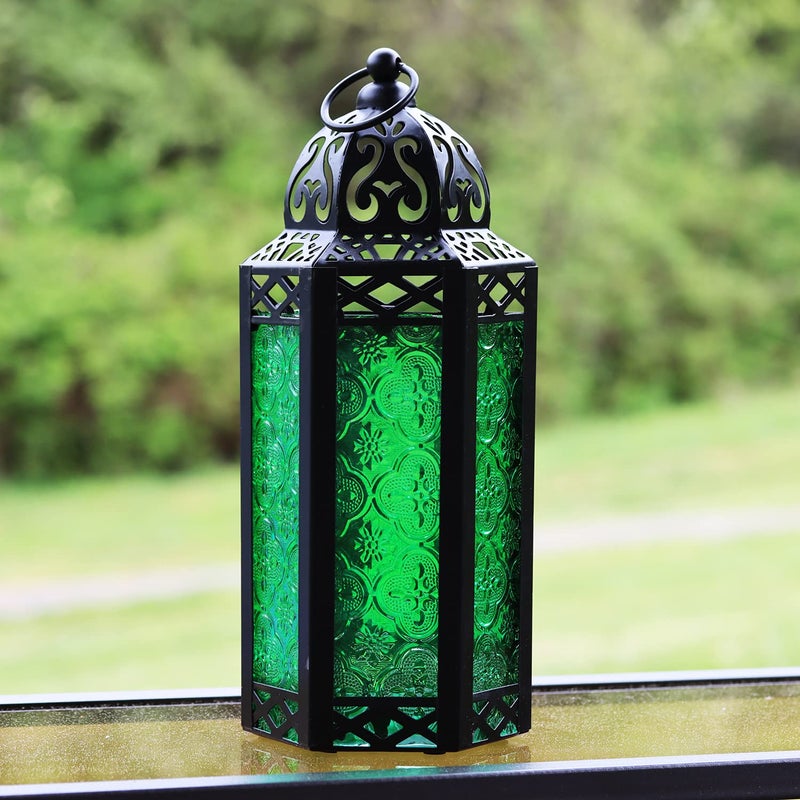 VELA LANTERNS 10.5" Moroccan Candle Lantern Decorative Candle Holder Lamp for Table or Hanging, Ramadan Decorations, Indoor Home Decor, Outdoor Patio or Porch, Black Metal, Green Glass, Medium - Image 5